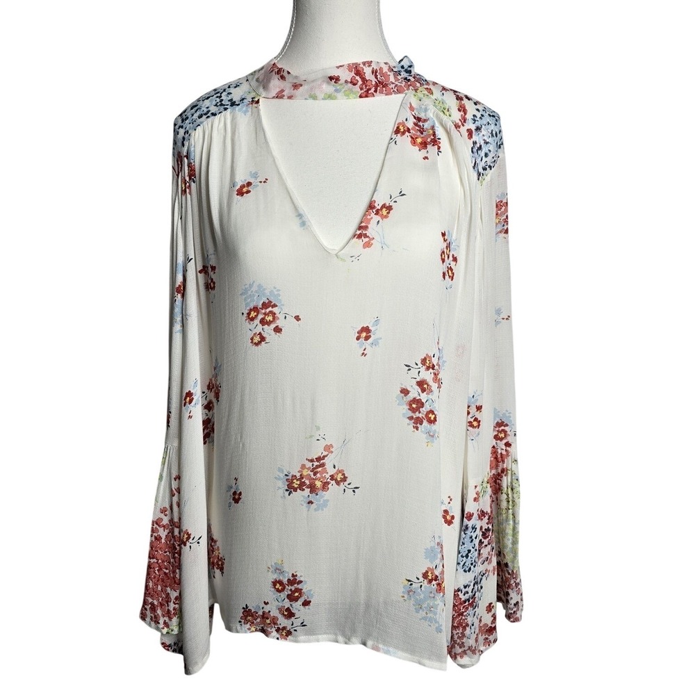 Lucky Brand Womens Blouse XL White Floral Print Bell Sleeve Keyhole‎ Neck
